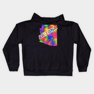 Colorful mandala art map of Arizona with text in multicolor pattern Kids Hoodie